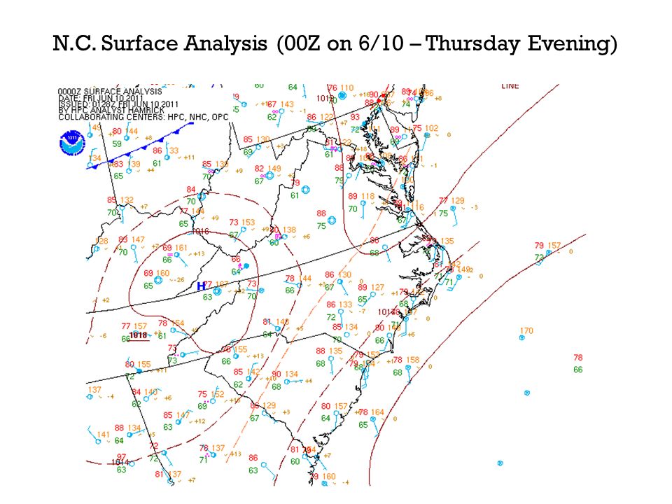 N.C. Surface Analysis (00Z on 6/10 – Thursday Evening)