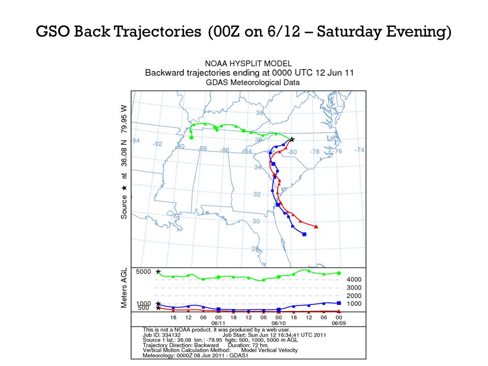 GSO Back Trajectories (00Z on 6/12 – Saturday Evening)