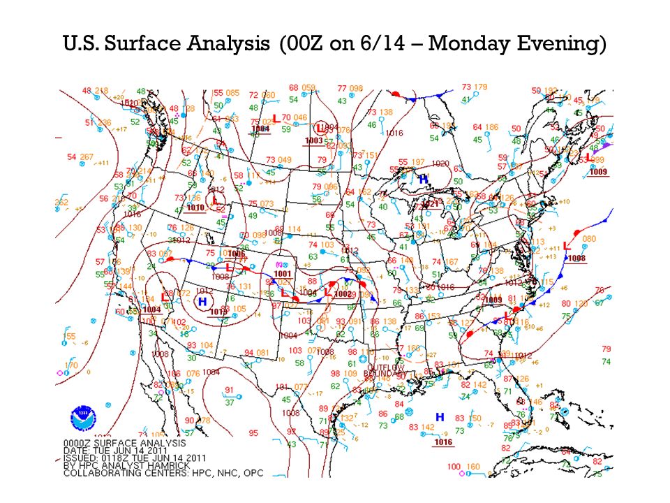 U.S. Surface Analysis (00Z on 6/14 – Monday Evening)