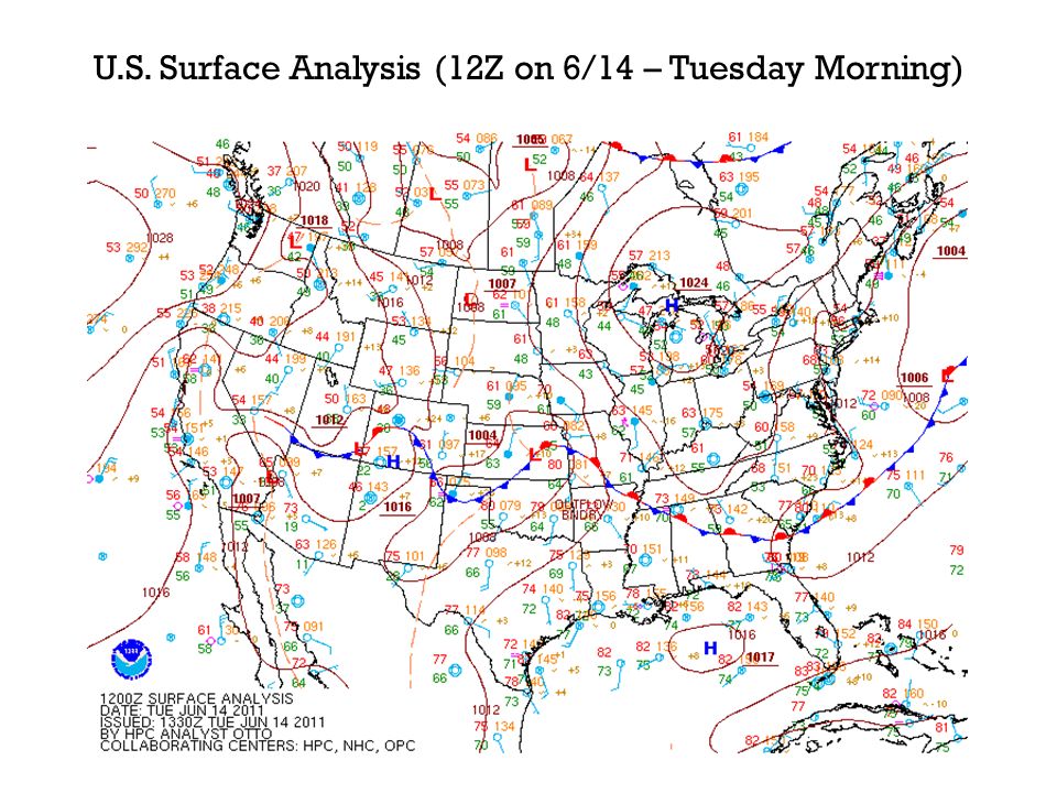 U.S. Surface Analysis (12Z on 6/14 – Tuesday Morning)
