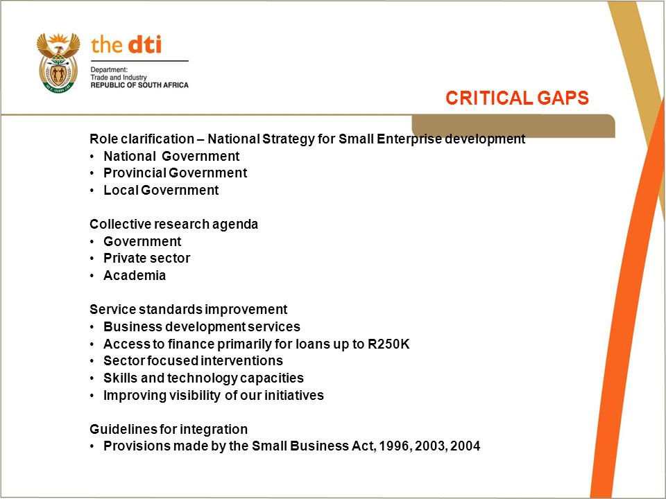 Role clarification – National Strategy for Small Enterprise development National Government Provincial Government Local Government Collective research agenda Government Private sector Academia Service standards improvement Business development services Access to finance primarily for loans up to R250K Sector focused interventions Skills and technology capacities Improving visibility of our initiatives Guidelines for integration Provisions made by the Small Business Act, 1996, 2003, 2004 CRITICAL GAPS