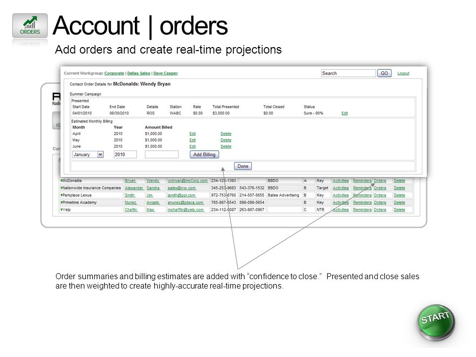Account | orders Add orders and create real-time projections Order summaries and billing estimates are added with confidence to close.