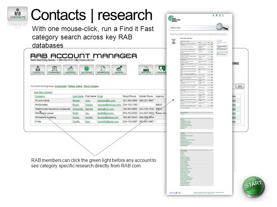 Contacts | research With one mouse-click, run a Find it Fast category search across key RAB databases RAB members can click the green light before any account to see category specific research directly from RAB.com.
