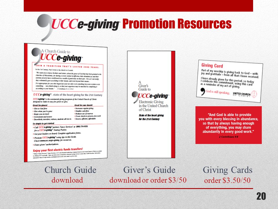 order $3.50/50 20 Promotion Resources Church GuideGivers GuideGiving Cards downloaddownload or order $3/50
