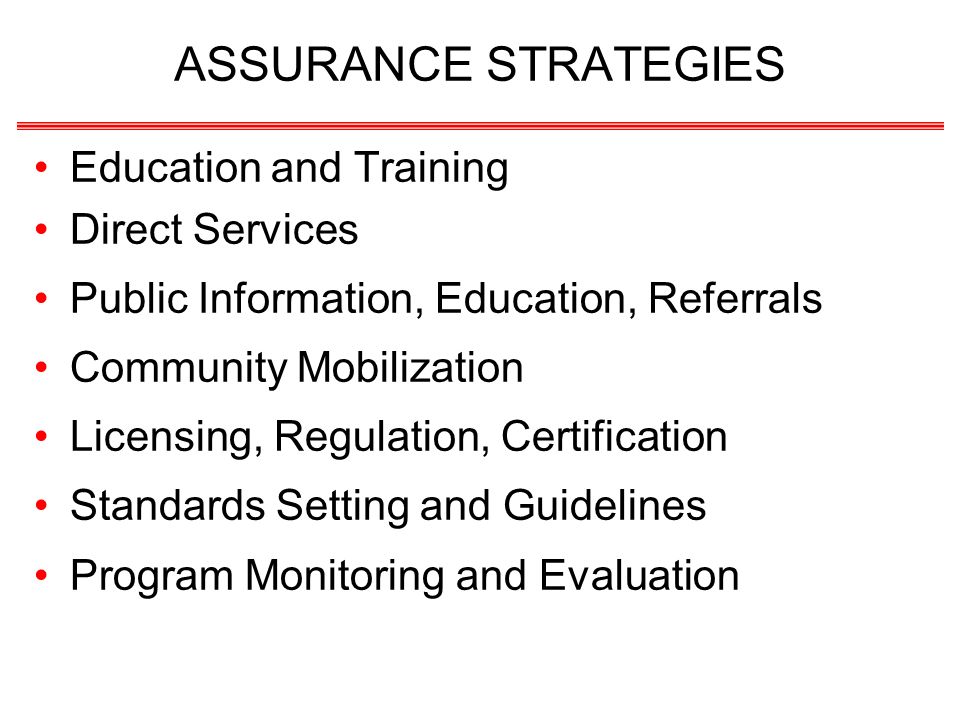ASSURANCE STRATEGIES Education and Training Direct Services Public Information, Education, Referrals Community Mobilization Licensing, Regulation, Certification Standards Setting and Guidelines Program Monitoring and Evaluation