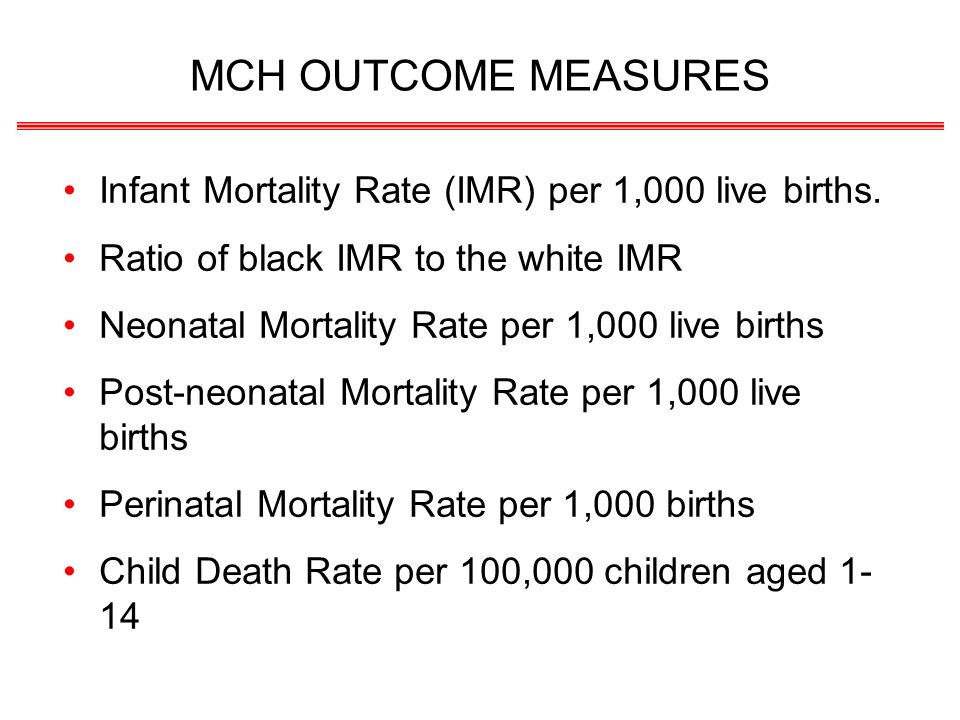 MCH OUTCOME MEASURES Infant Mortality Rate (IMR) per 1,000 live births.