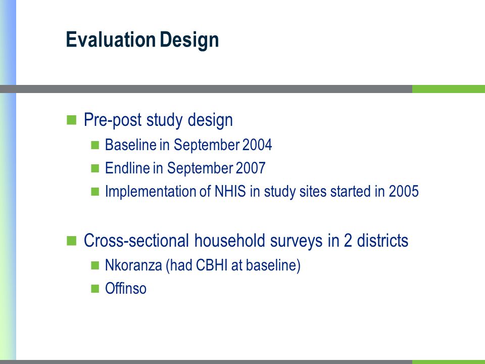 Evaluation Design Pre-post study design Baseline in September 2004 Endline in September 2007 Implementation of NHIS in study sites started in 2005 Cross-sectional household surveys in 2 districts Nkoranza (had CBHI at baseline) Offinso