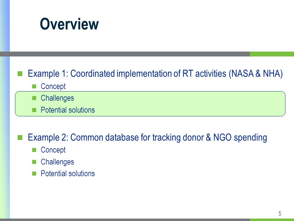 5 Example 1: Coordinated implementation of RT activities (NASA & NHA) Concept Challenges Potential solutions Example 2: Common database for tracking donor & NGO spending Concept Challenges Potential solutions Overview