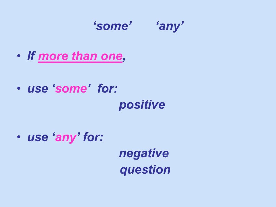 some any If more than one, use some for: positive use any for: negative question