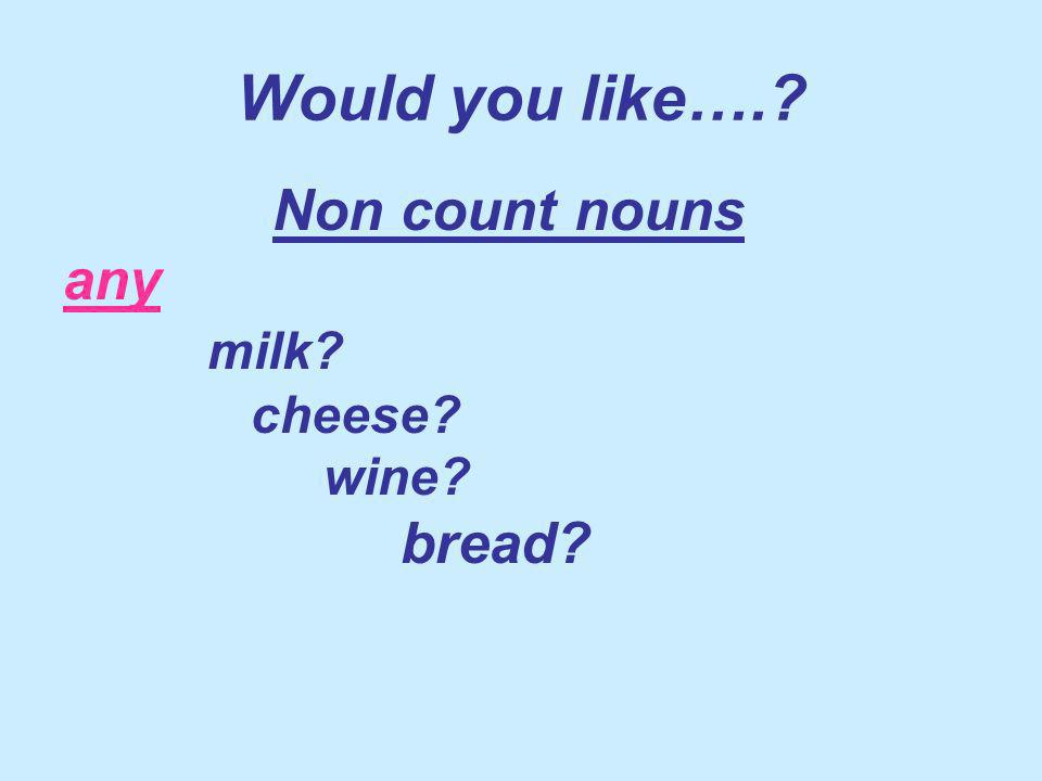 Would you like…. Non count nouns any milk cheese wine bread