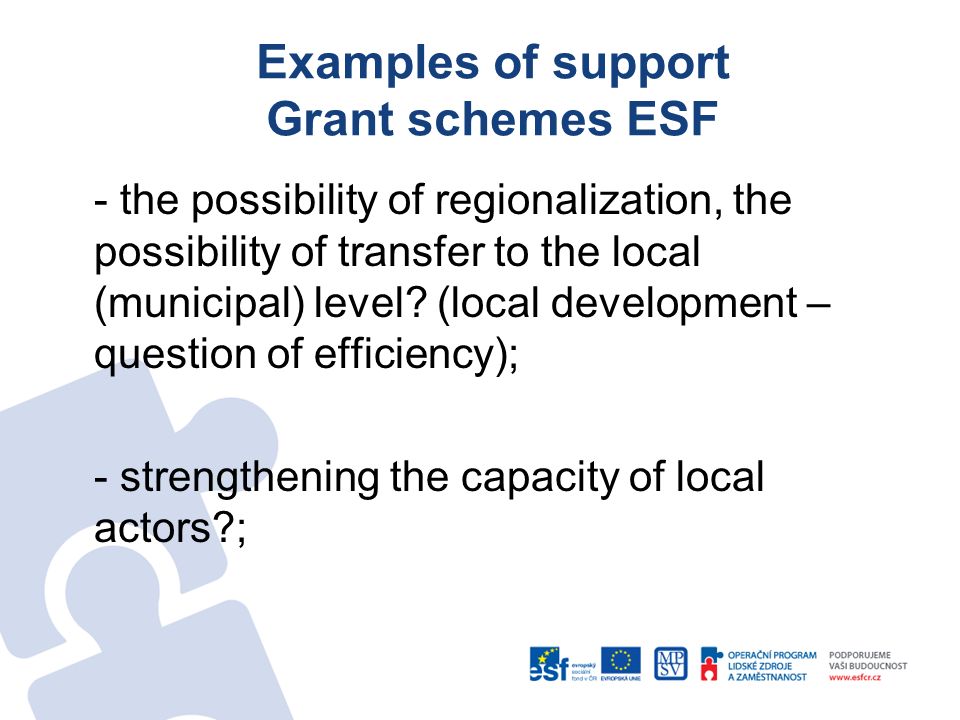 Examples of support Grant schemes ESF - the possibility of regionalization, the possibility of transfer to the local (municipal) level.