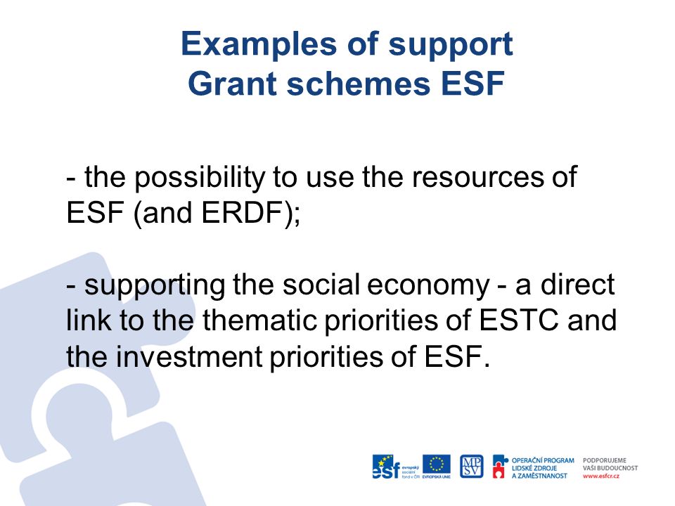 Examples of support Grant schemes ESF - the possibility to use the resources of ESF (and ERDF); - supporting the social economy - a direct link to the thematic priorities of ESTC and the investment priorities of ESF.