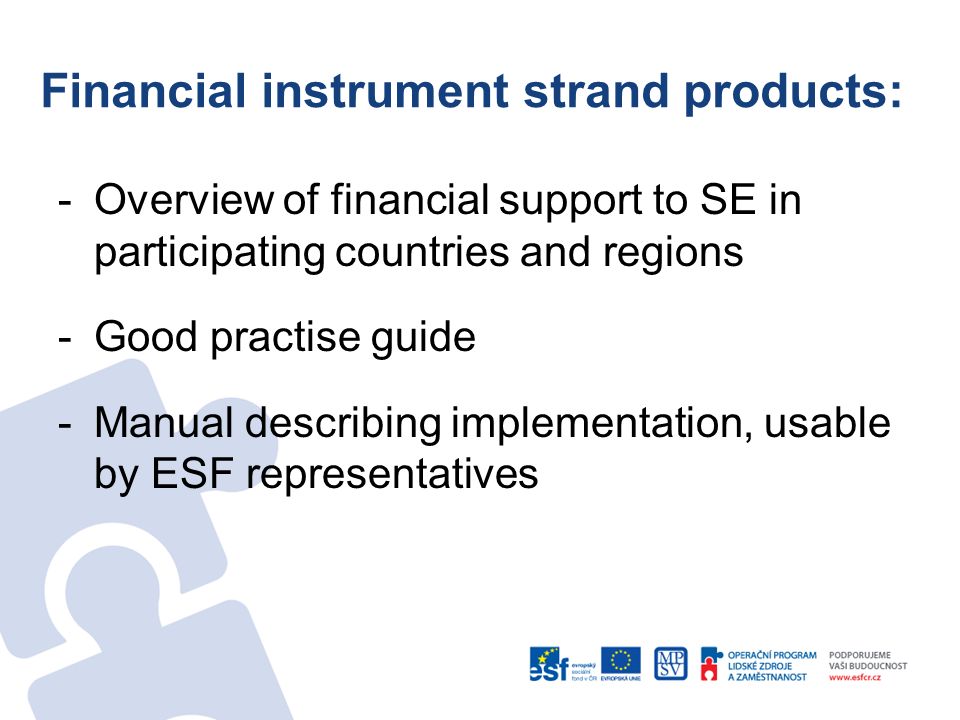 Financial instrument strand products: -Overview of financial support to SE in participating countries and regions -Good practise guide -Manual describing implementation, usable by ESF representatives