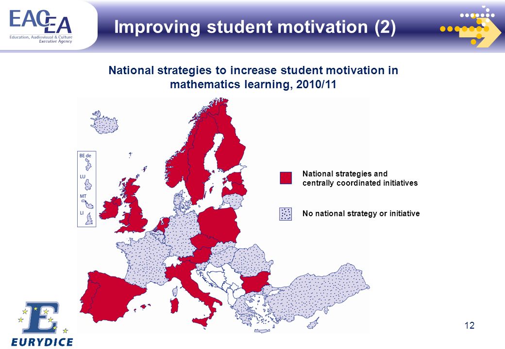 Improving student motivation (2) National strategies to increase student motivation in mathematics learning, 2010/11 National strategies and centrally coordinated initiatives No national strategy or initiative 12