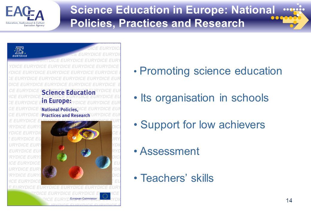 Science Education in Europe: National Policies, Practices and Research 14 Promoting science education Its organisation in schools Support for low achievers Assessment Teachers skills