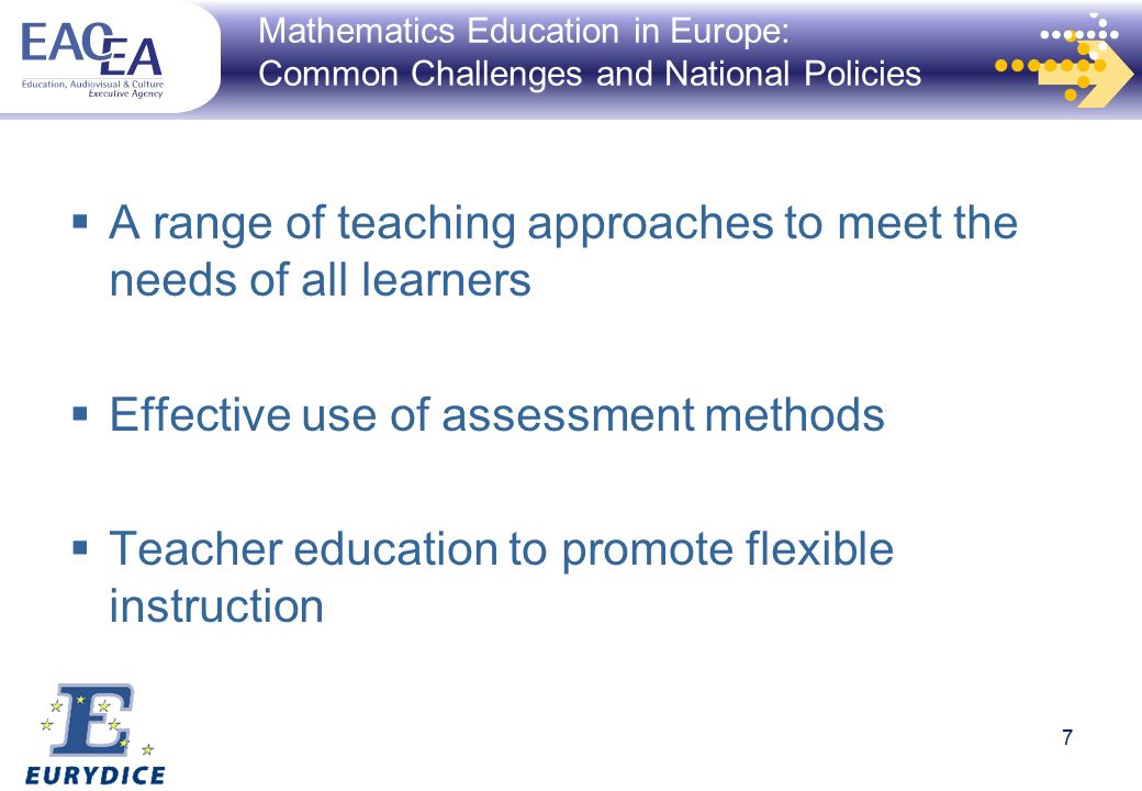 7 Mathematics Education in Europe: Common Challenges and National Policies A range of teaching approaches to meet the needs of all learners Effective use of assessment methods Teacher education to promote flexible instruction 7
