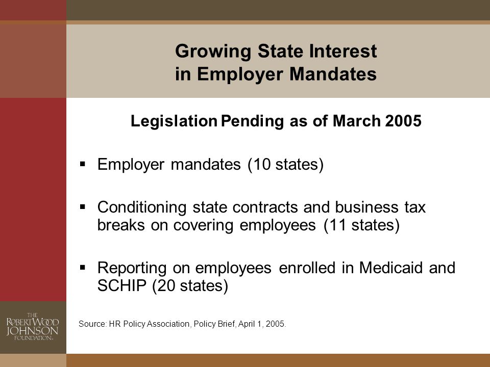 Growing State Interest in Employer Mandates Legislation Pending as of March 2005  Employer mandates (10 states)  Conditioning state contracts and business tax breaks on covering employees (11 states)  Reporting on employees enrolled in Medicaid and SCHIP (20 states) Source: HR Policy Association, Policy Brief, April 1, 2005.