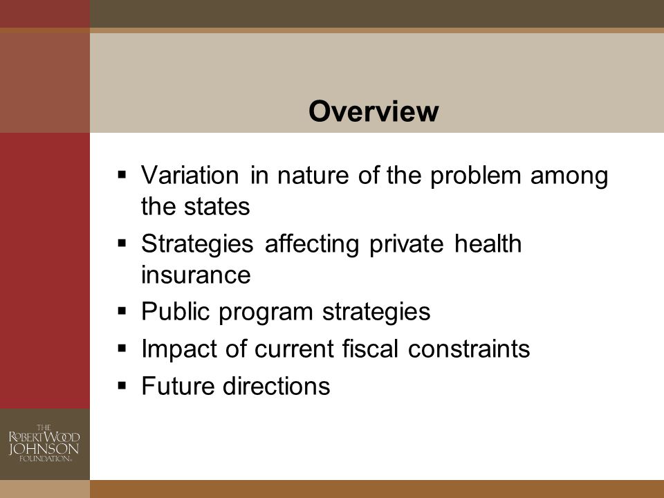 Overview  Variation in nature of the problem among the states  Strategies affecting private health insurance  Public program strategies  Impact of current fiscal constraints  Future directions