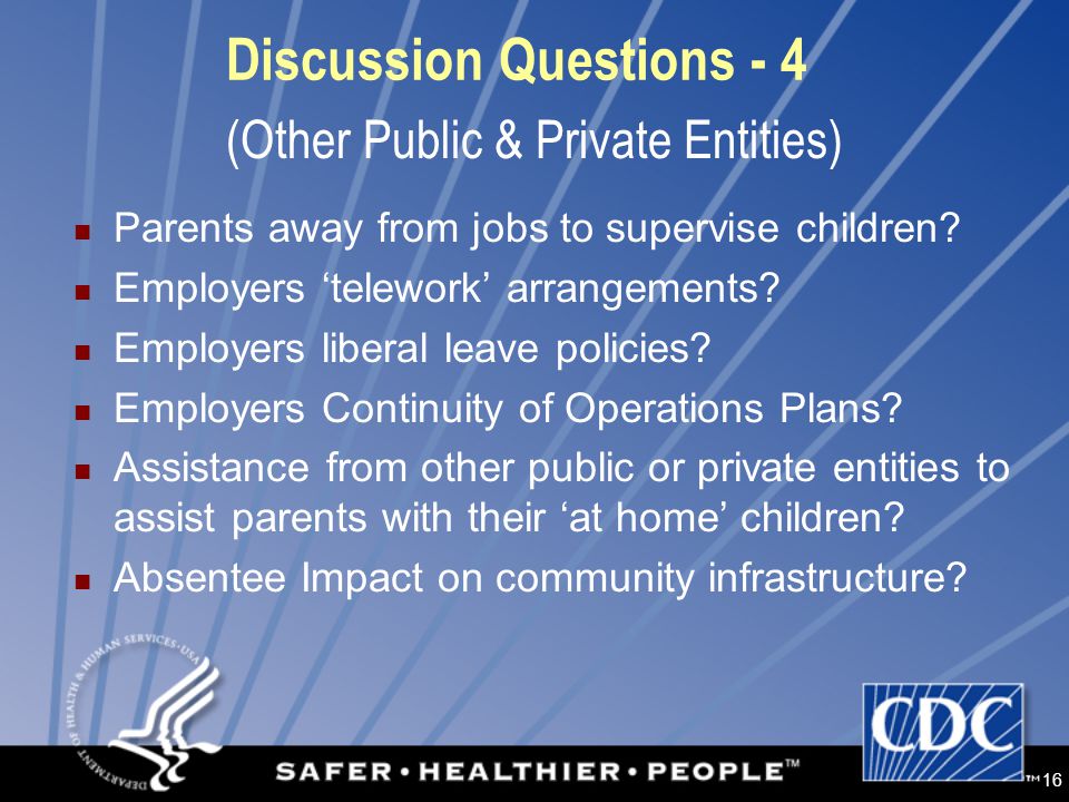 16 Discussion Questions - 4 Parents away from jobs to supervise children.