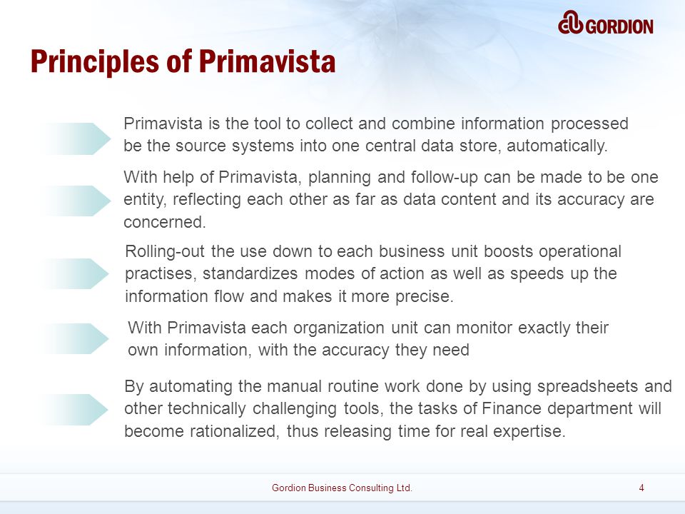 Gordion Business Consulting Ltd.4 Principles of Primavista Primavista is the tool to collect and combine information processed be the source systems into one central data store, automatically.