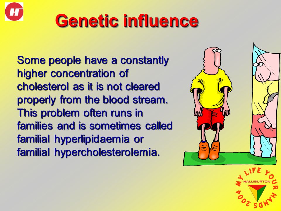Genetic influence Some people have a constantly higher concentration of cholesterol as it is not cleared properly from the blood stream.