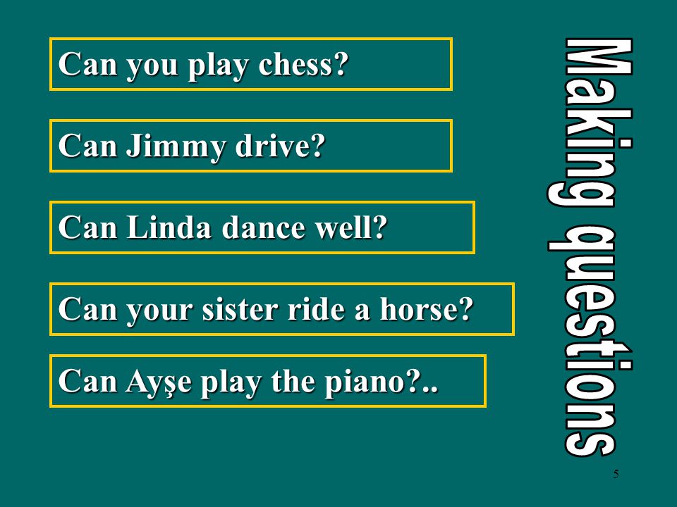 5 Can you play chess. Can Jimmy drive. Can Linda dance well.