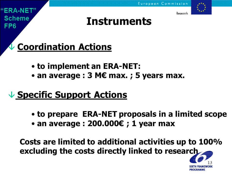 13 Instruments  Coordination Actions to implement an ERA-NET: an average : 3 M€ max.