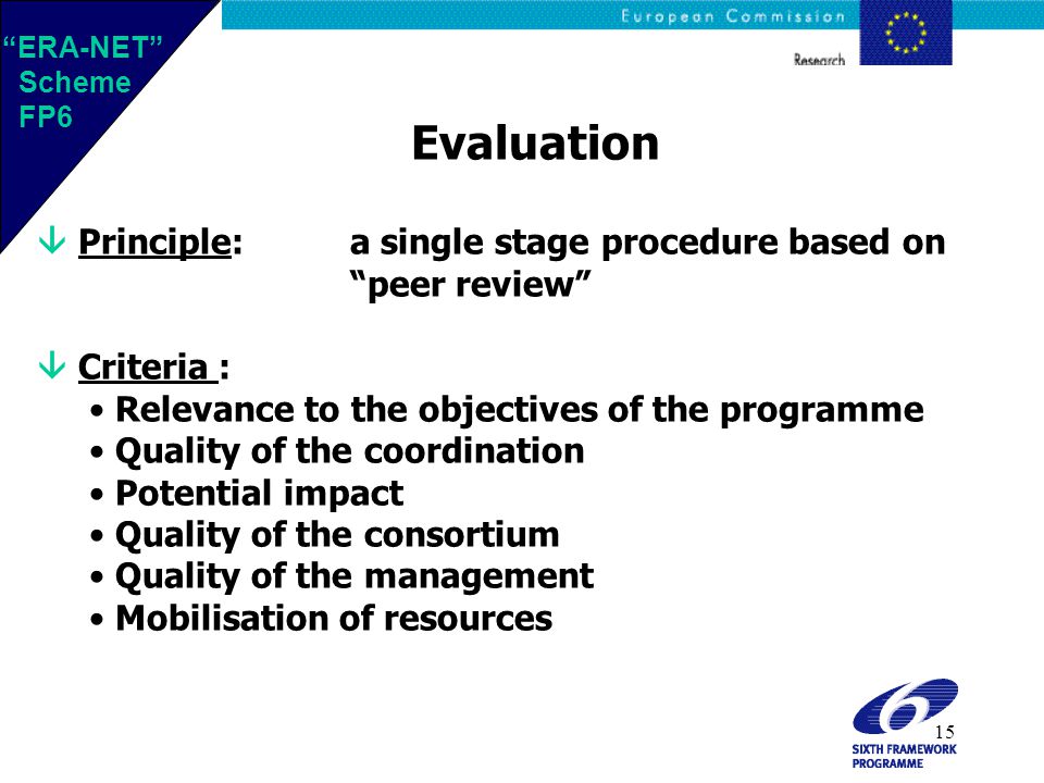 15 Evaluation  Principle:a single stage procedure based on peer review  Criteria : Relevance to the objectives of the programme Quality of the coordination Potential impact Quality of the consortium Quality of the management Mobilisation of resources ERA-NET Scheme FP6 ERA-NET Scheme FP6