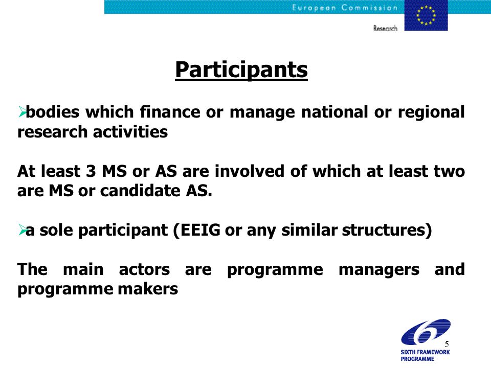 5 Participants  bodies which finance or manage national or regional research activities At least 3 MS or AS are involved of which at least two are MS or candidate AS.