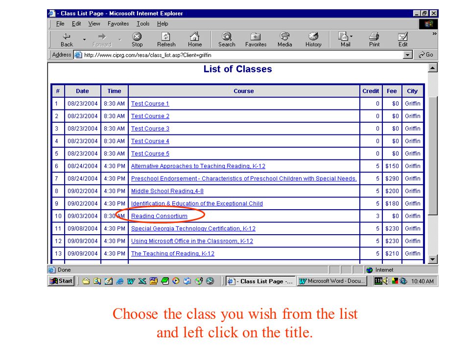 Choose the class you wish from the list and left click on the title.
