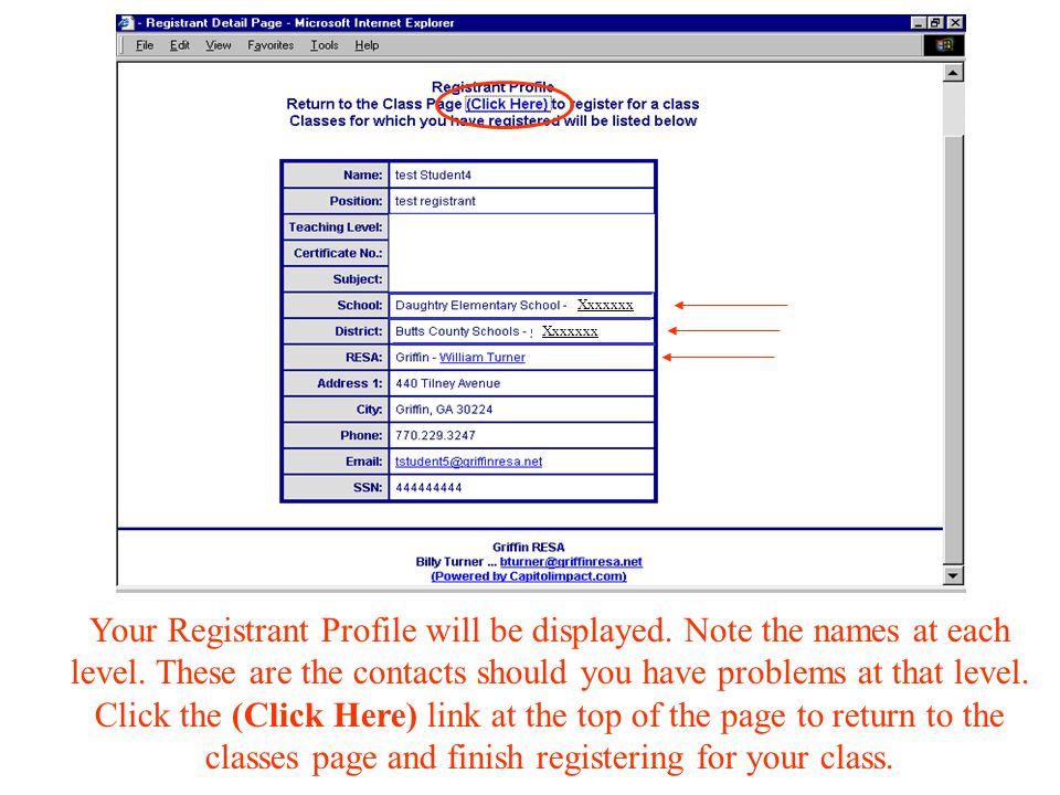 Your Registrant Profile will be displayed. Note the names at each level.