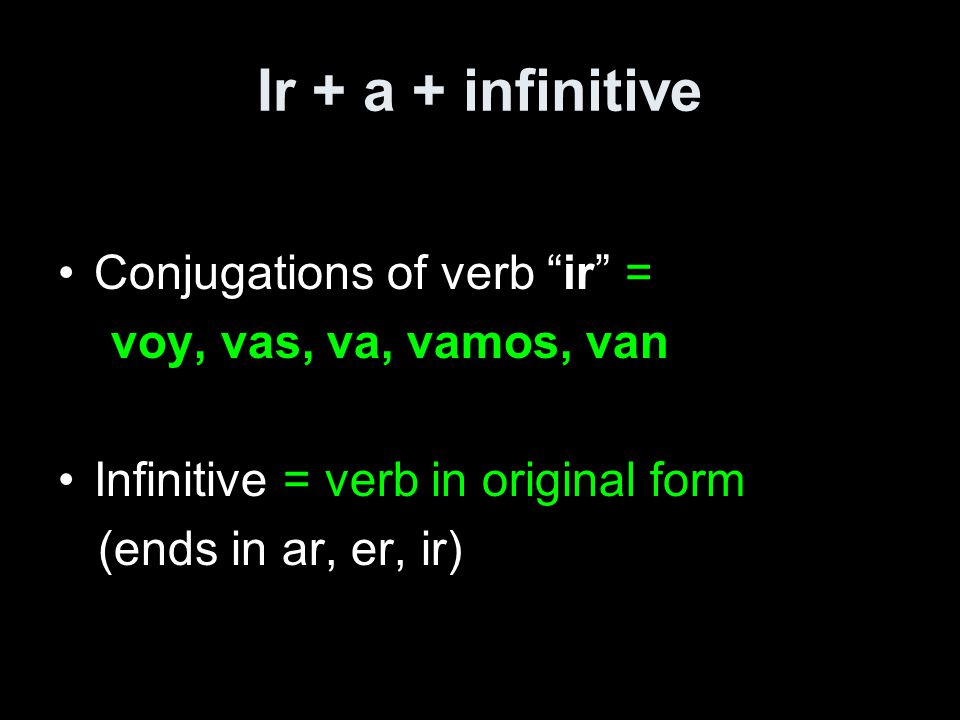 Ir + a + infinitive Conjugations of verb ir = voy, vas, va, vamos, van Infinitive = verb in original form (ends in ar, er, ir)