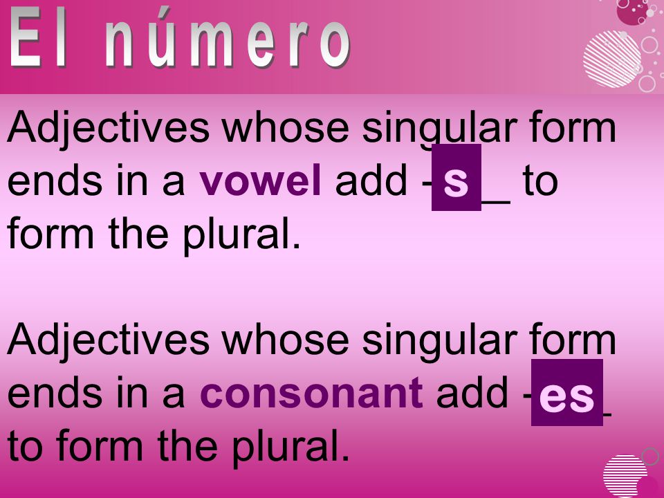 Adjectives whose singular form ends in a vowel add -___ to form the plural.