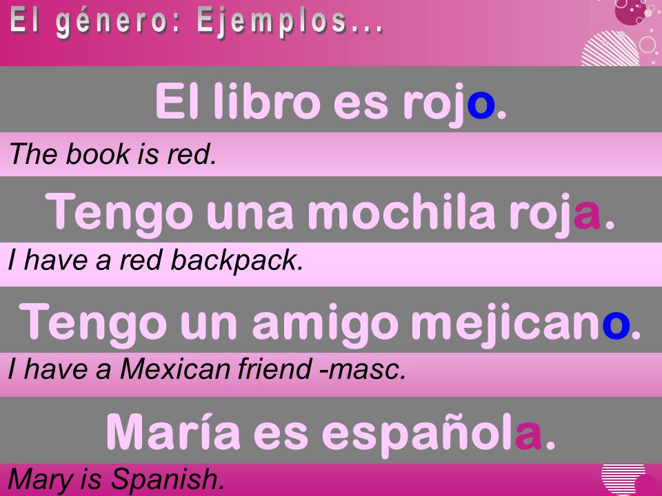 The book is red. I have a red backpack. I have a Mexican friend -masc.