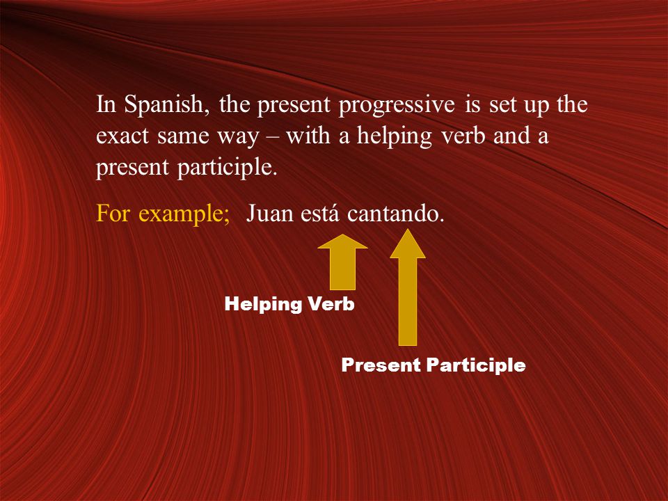 In Spanish, the present progressive is set up the exact same way – with a helping verb and a present participle.