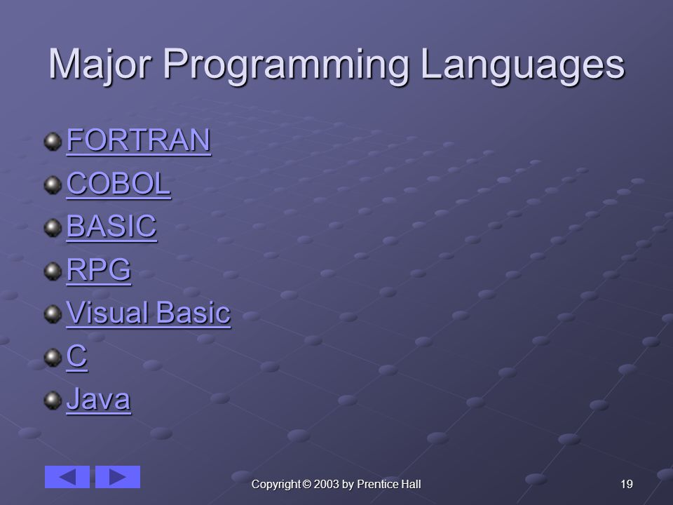 19Copyright © 2003 by Prentice Hall Major Programming Languages FORTRAN COBOL BASIC RPG Visual Basic Visual Basic C Java