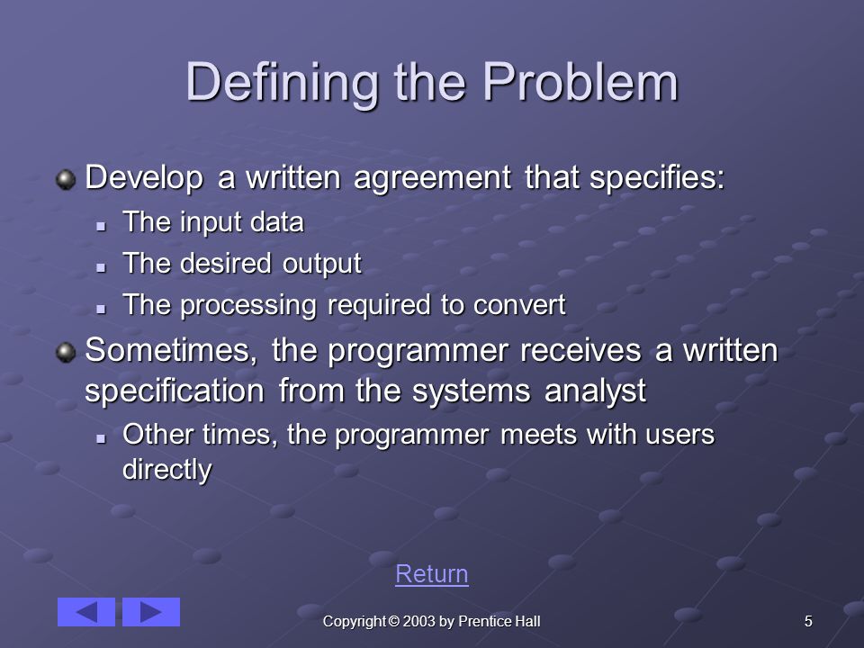 5Copyright © 2003 by Prentice Hall Defining the Problem Develop a written agreement that specifies: The input data The input data The desired output The desired output The processing required to convert The processing required to convert Sometimes, the programmer receives a written specification from the systems analyst Other times, the programmer meets with users directly Other times, the programmer meets with users directly Return
