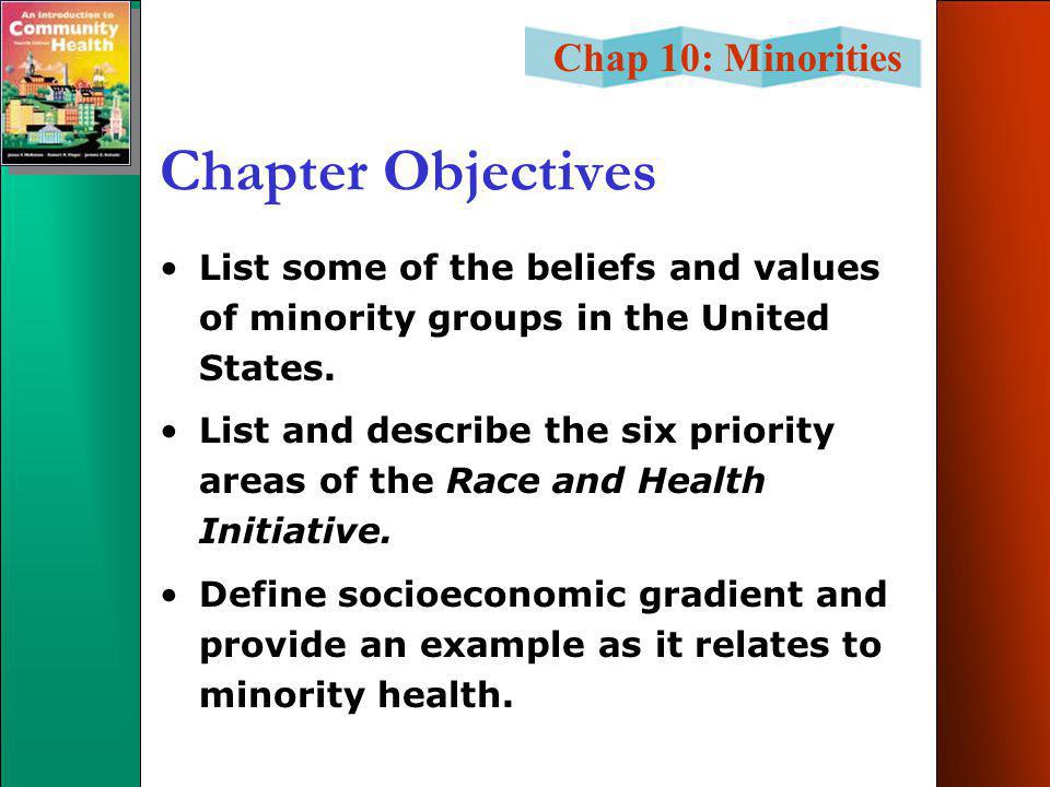 Chap 10: Minorities Chapter Objectives List some of the beliefs and values of minority groups in the United States.