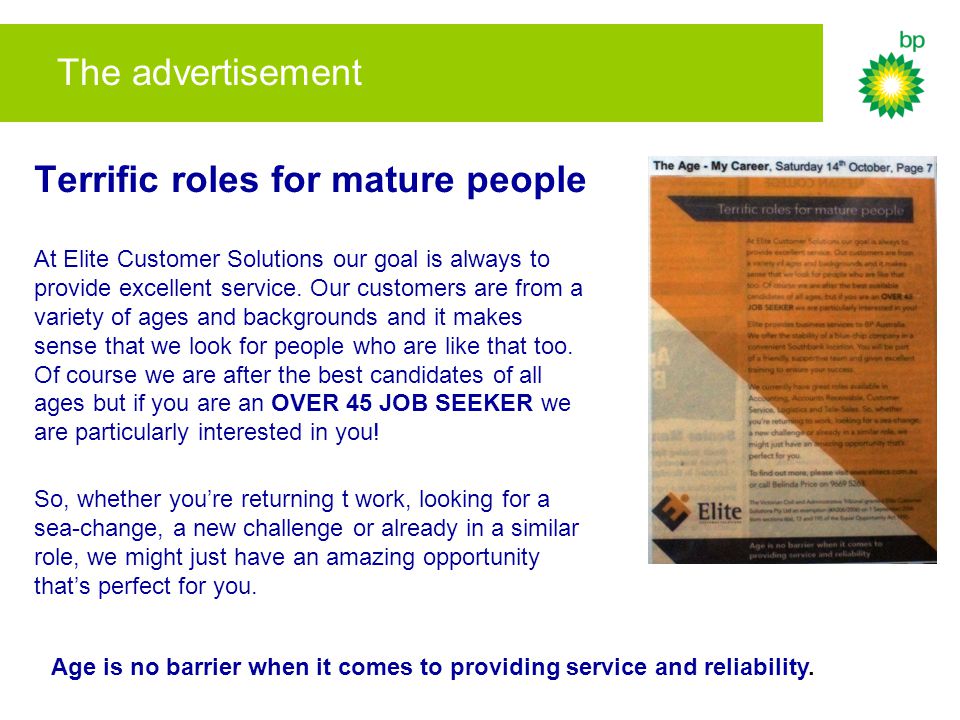 The advertisement Terrific roles for mature people At Elite Customer Solutions our goal is always to provide excellent service.