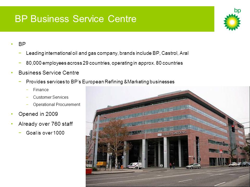 BP Business Service Centre BP −Leading international oil and gas company, brands include BP, Castrol, Aral −80,000 employees across 29 countries, operating in approx.