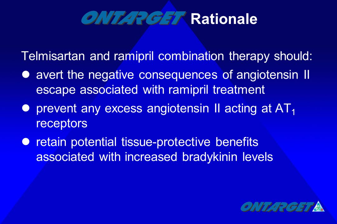 Telmisartan and ramipril combination therapy should: avert the negative consequences of angiotensin II escape associated with ramipril treatment prevent any excess angiotensin II acting at AT 1 receptors retain potential tissue-protective benefits associated with increased bradykinin levels Rationale
