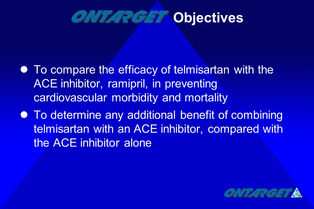 To compare the efficacy of telmisartan with the ACE inhibitor, ramipril, in preventing cardiovascular morbidity and mortality To determine any additional benefit of combining telmisartan with an ACE inhibitor, compared with the ACE inhibitor alone Objectives