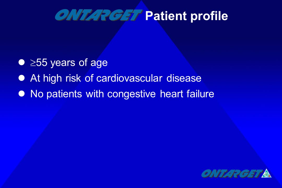  55 years of age At high risk of cardiovascular disease No patients with congestive heart failure Patient profile
