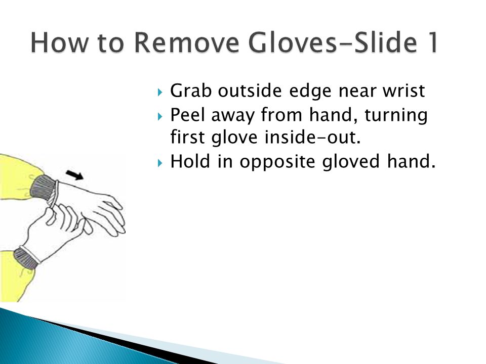  Grab outside edge near wrist  Peel away from hand, turning first glove inside-out.