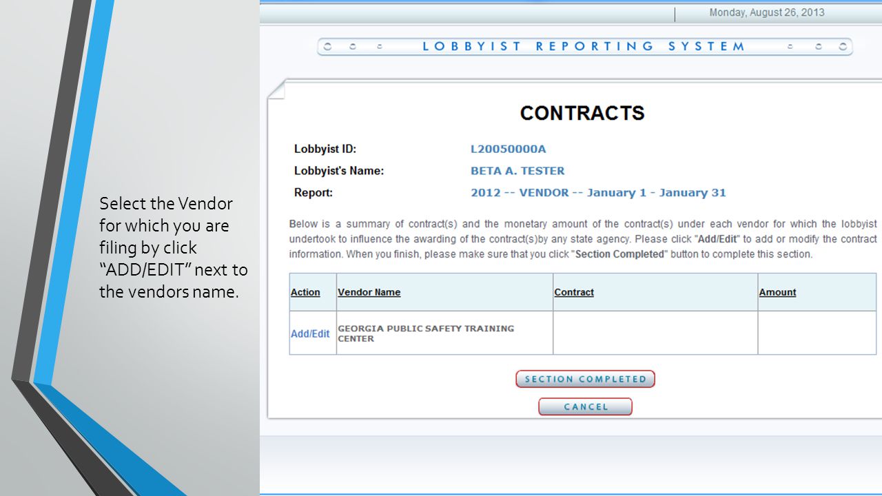 Select the Vendor for which you are filing by click ADD/EDIT next to the vendors name.