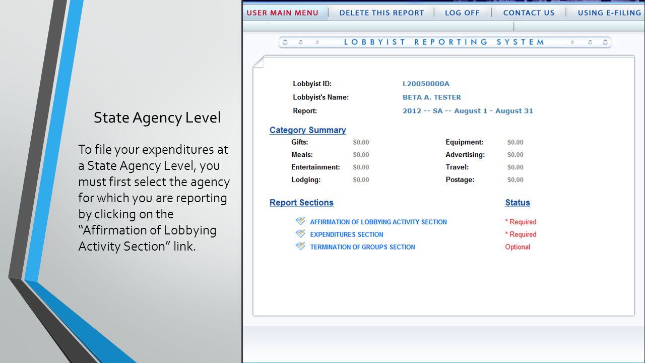 State Agency Level To file your expenditures at a State Agency Level, you must first select the agency for which you are reporting by clicking on the Affirmation of Lobbying Activity Section link.