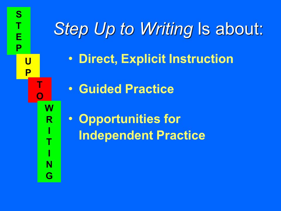 STEPSTEP UPUP TOTO WRITINGWRITING Step Up to Writing Is about: Direct, Explicit Instruction Guided Practice Opportunities for Independent Practice STEPSTEP UPUP TOTO WRITINGWRITING