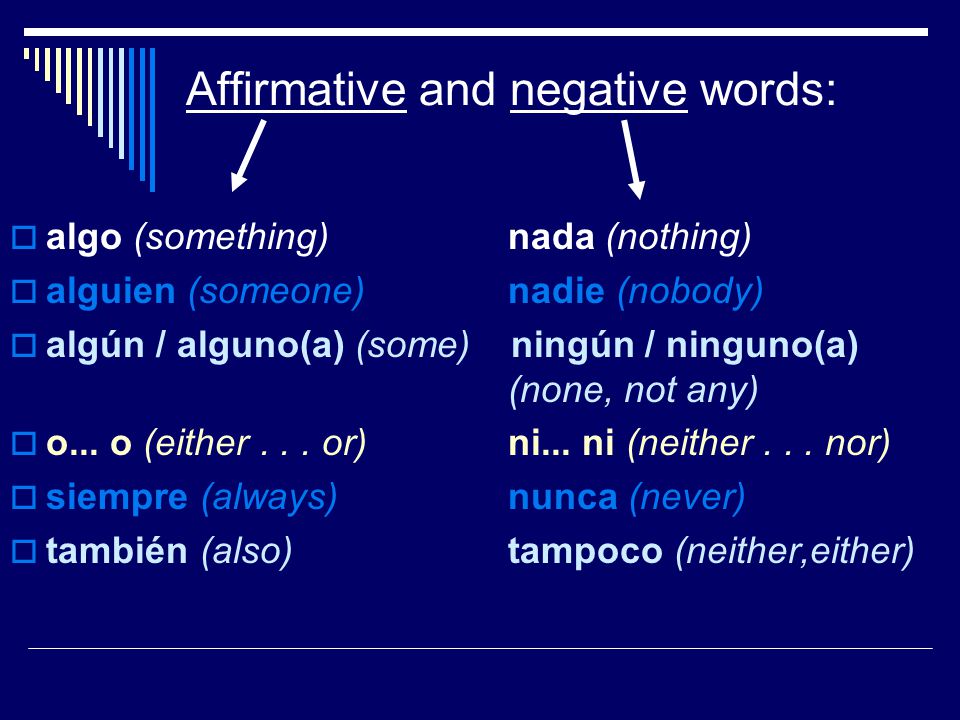 Affirmative and negative words:  algo (something) nada (nothing)  alguien (someone) nadie (nobody)  algún / alguno(a) (some) ningún / ninguno(a) (none, not any)  o...