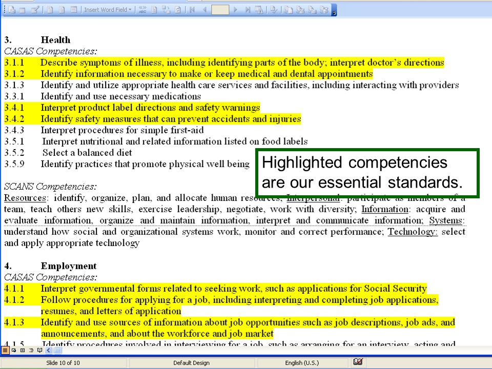 Highlighted competencies are our essential standards.