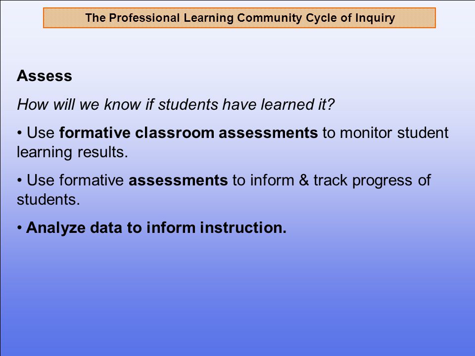The Professional Learning Community Cycle of Inquiry Assess How will we know if students have learned it.